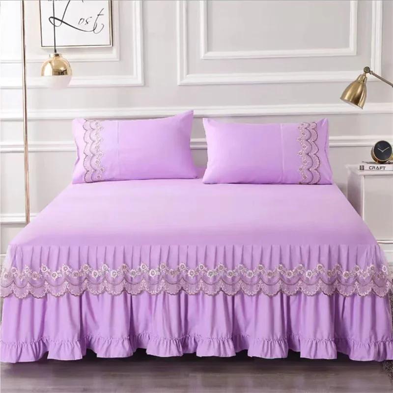 3pcs Bed Skirt Bedspread Pillowcase Ruffle Lace Anti Slip 1.8x2.0m Bed Cover Solid Colour Lace Mattress Dust Bedding Cover
