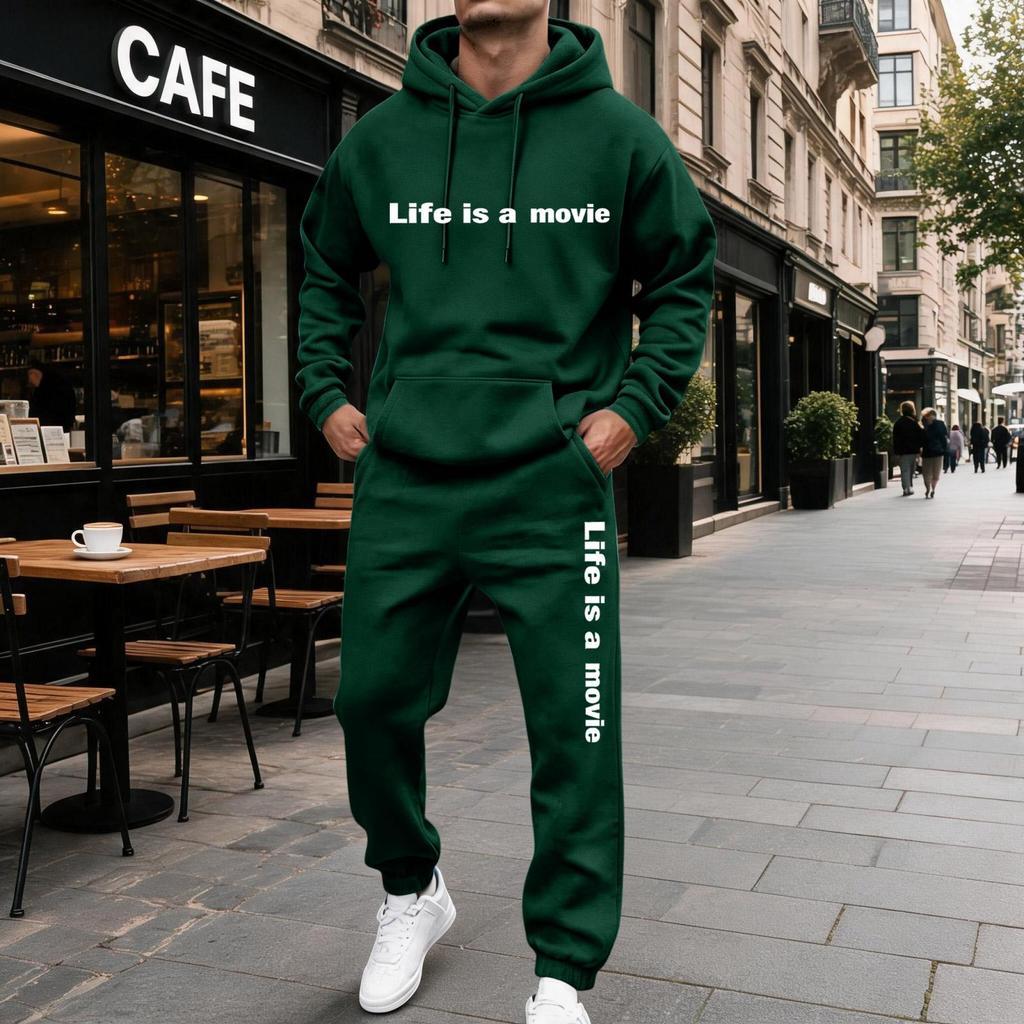 Men's Casual Letter Print Hooded Sweatshirt and Sweatpants Set, Lined Two Piece Outfit