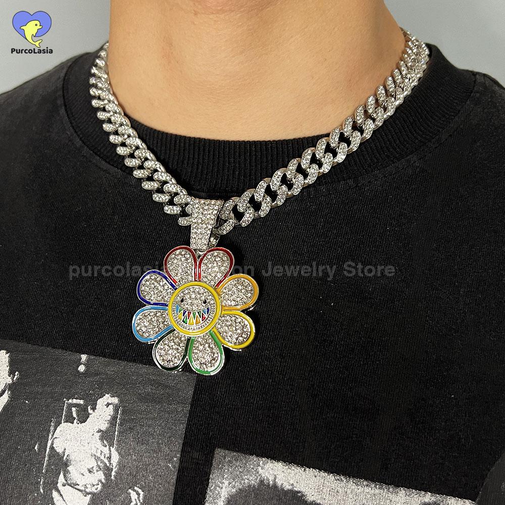 Shiny Cuban Chain Hip Hop Necklace for Men Women Colorful Sunflower Pendant Iced Out Full Rhinestones Accessories