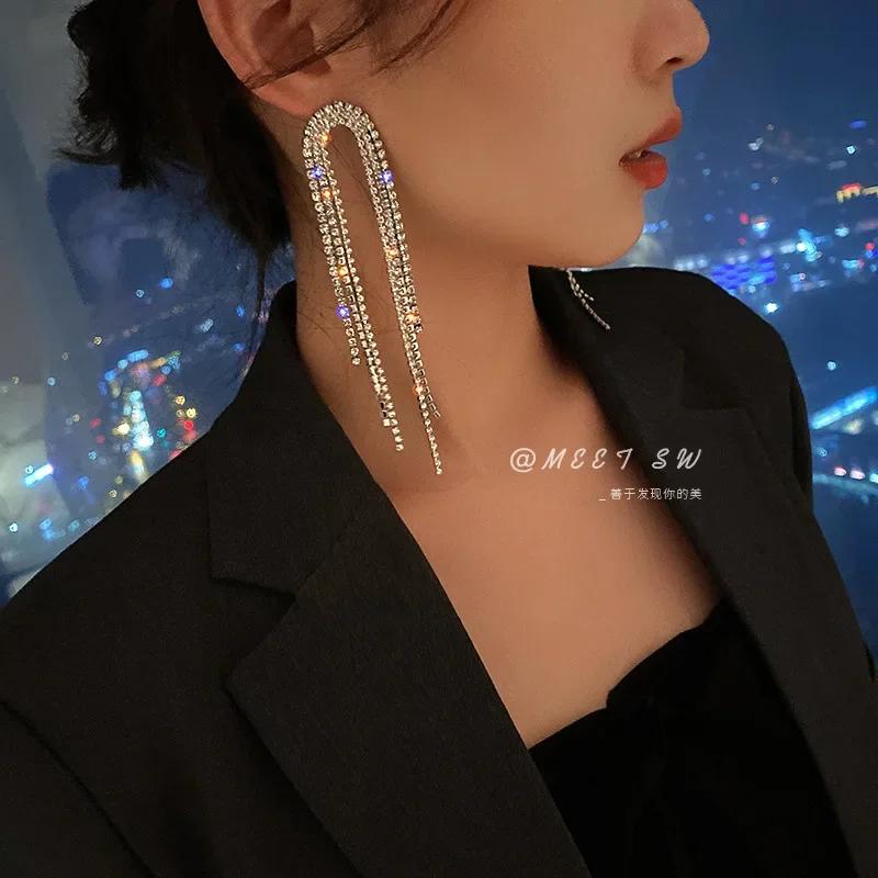 Luxury Women's Dangle Earrings Long Drop Design Silver Color Zircon Korea Earring Exquisite Trendy Wedding Bride Jewelry Gifts