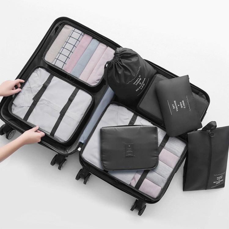 Eight-Piece Travel Organizer Set: Storage Bags & Makeup Bag for Clothes and Accessories.