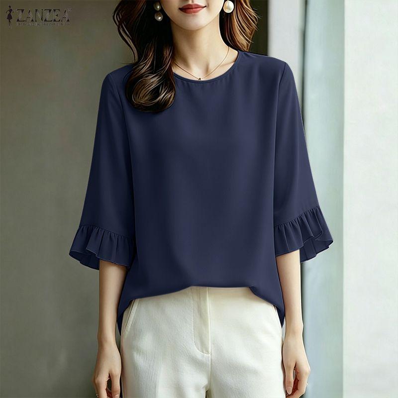 ZANZEA Camicetta casual da donna, girocollo, tinta unita, ampia, con maniche a 3/4