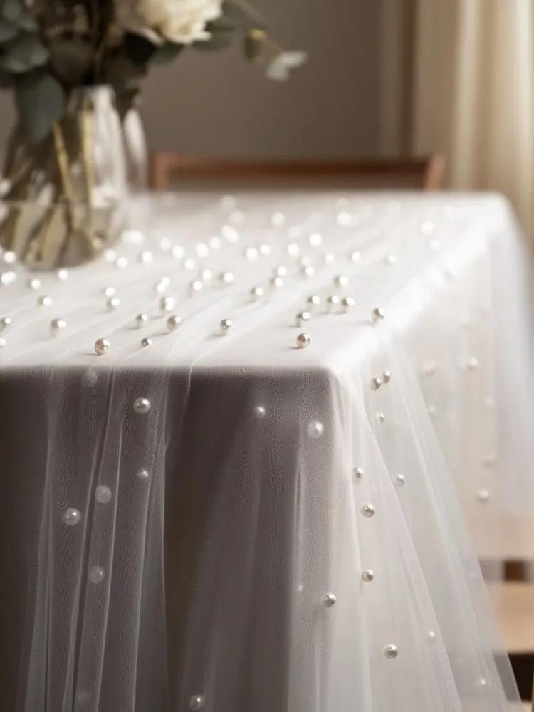 Table tablecloths with pearl tulle decoration designed for table decor at wedding parties