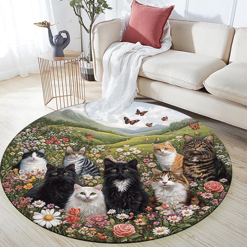 Cats In a Garden Round Area Rug,Carpet Rug for Living Room Bedroom Sofa Playroom Decor,Non-slip Floor Mat