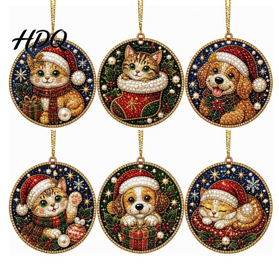 2D Acrylic Santa Ornaments 6 Pcs Christmas Pearl Art Ornaments Flat Holiday Tree Pendant Creative Effect Hanging Decoration for Home Wall