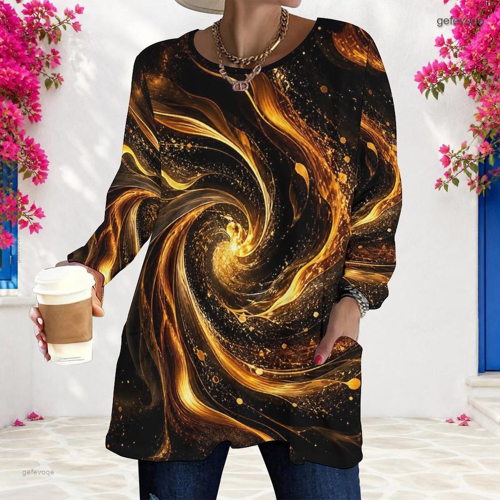 Women Plus Size Round Neck Long Sleeve Abstract Printed Red Black Loose Longline T Shirt With Pockets