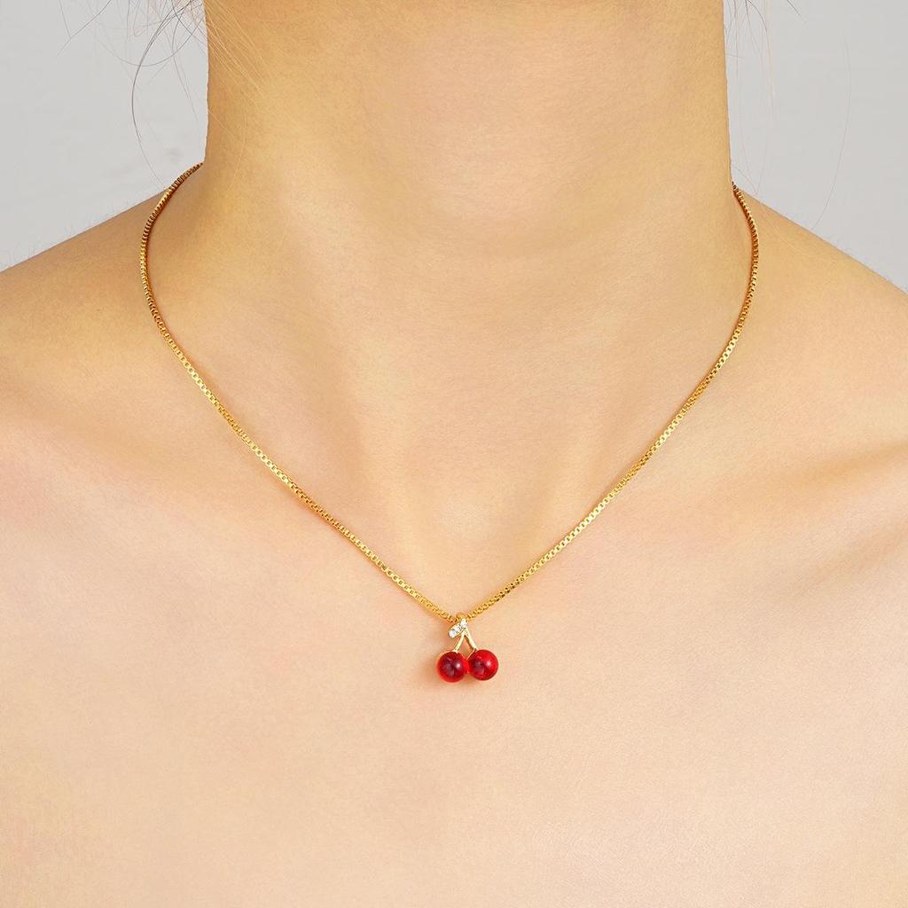 Chic Sweet Cherry Necklace & Earrings Set for Women - Fresh, Simple, and Versatile European-American Jewelry