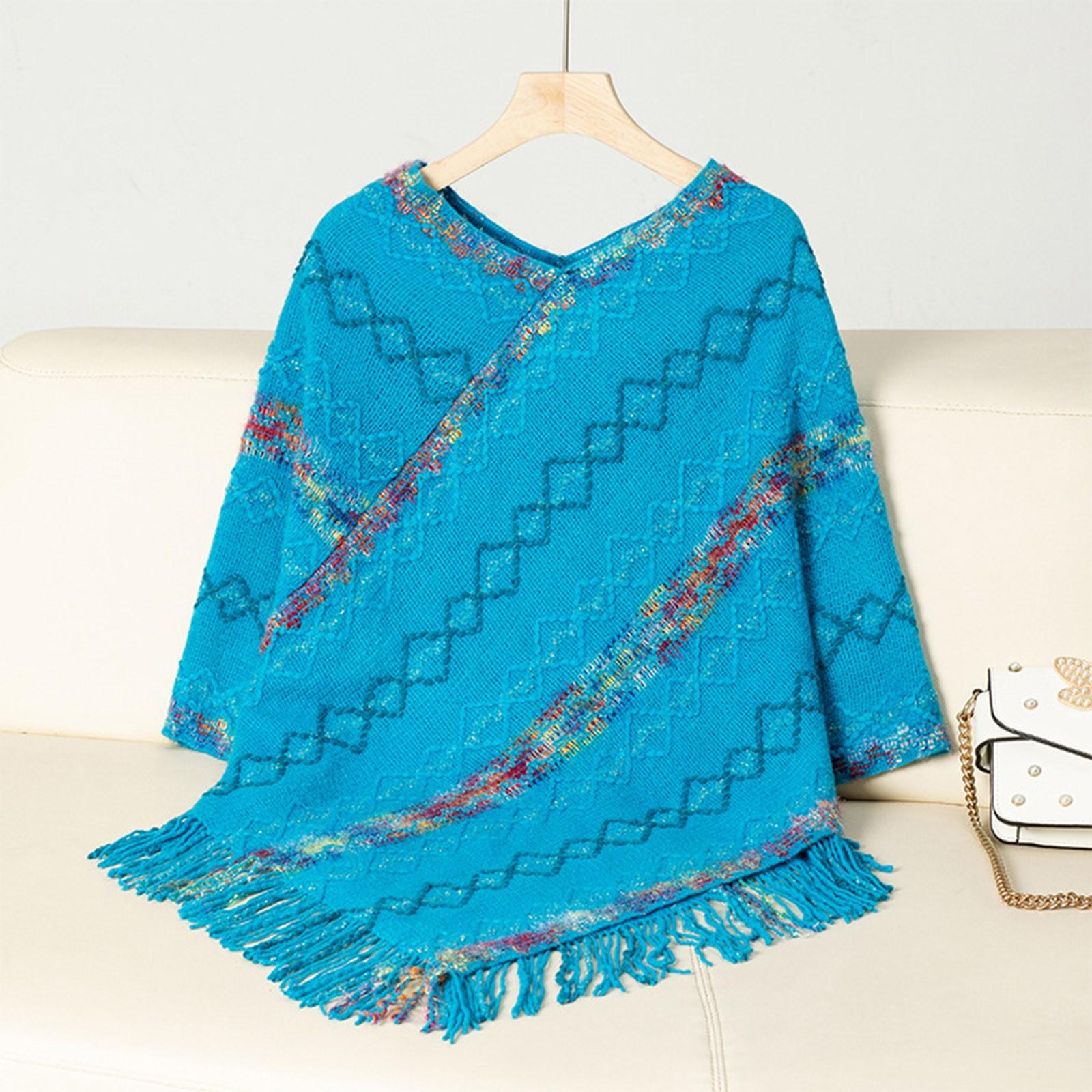 

Women s Fashion Colorful Plaid Knitted Tassel Cape Casual Loose Sweater Cape One Size синий