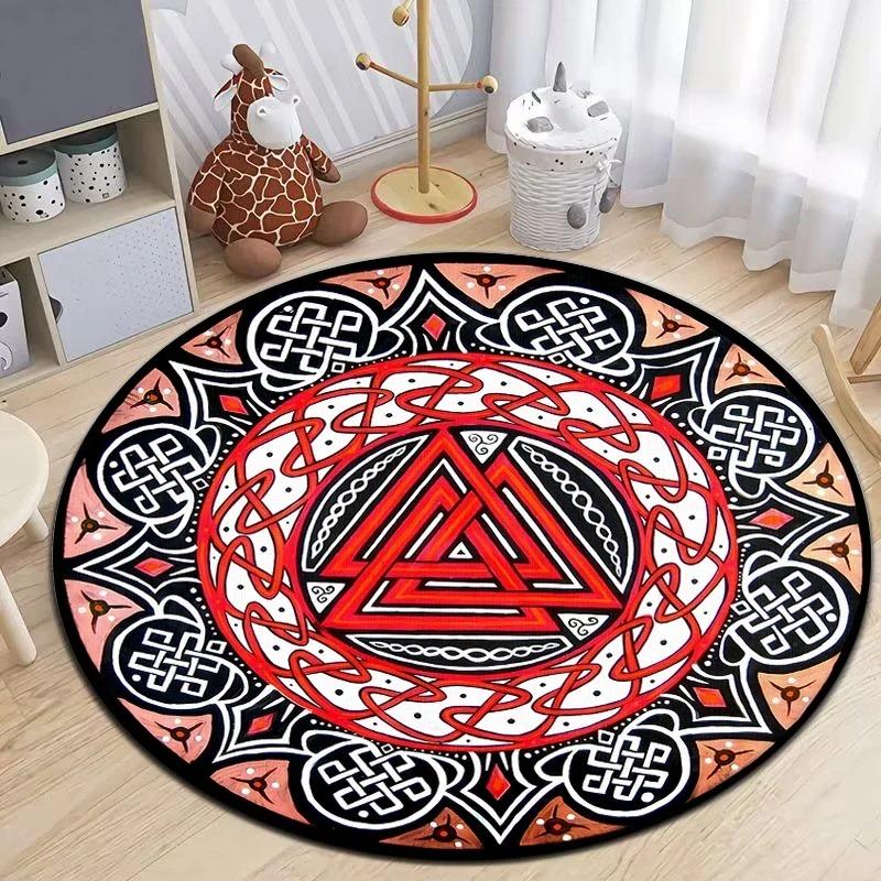 Viking Inspired Round Rug with Norse Symbols and Celtic Patterns Floor Mat for Nordic Decor Adding Mystic Ancient Charm