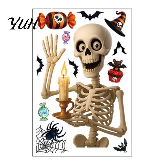 Electrostatic Glue Free Glass Film Halloween Static Window Clings, Removable Decals with Pumpkin Skull Bat Spider Funny Skeleton Jackolantern Stickers