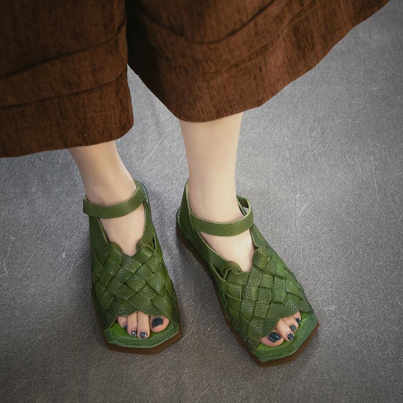 2026 Summer New Arrival Genuine Leather Women Roman Sandals Retro Woven Ankle Strap Breathable Open Toe Comfortable Flats