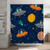 UFO Cat Space Shower Curtain Blue Galaxy Design for Kids Bathroom Decor.