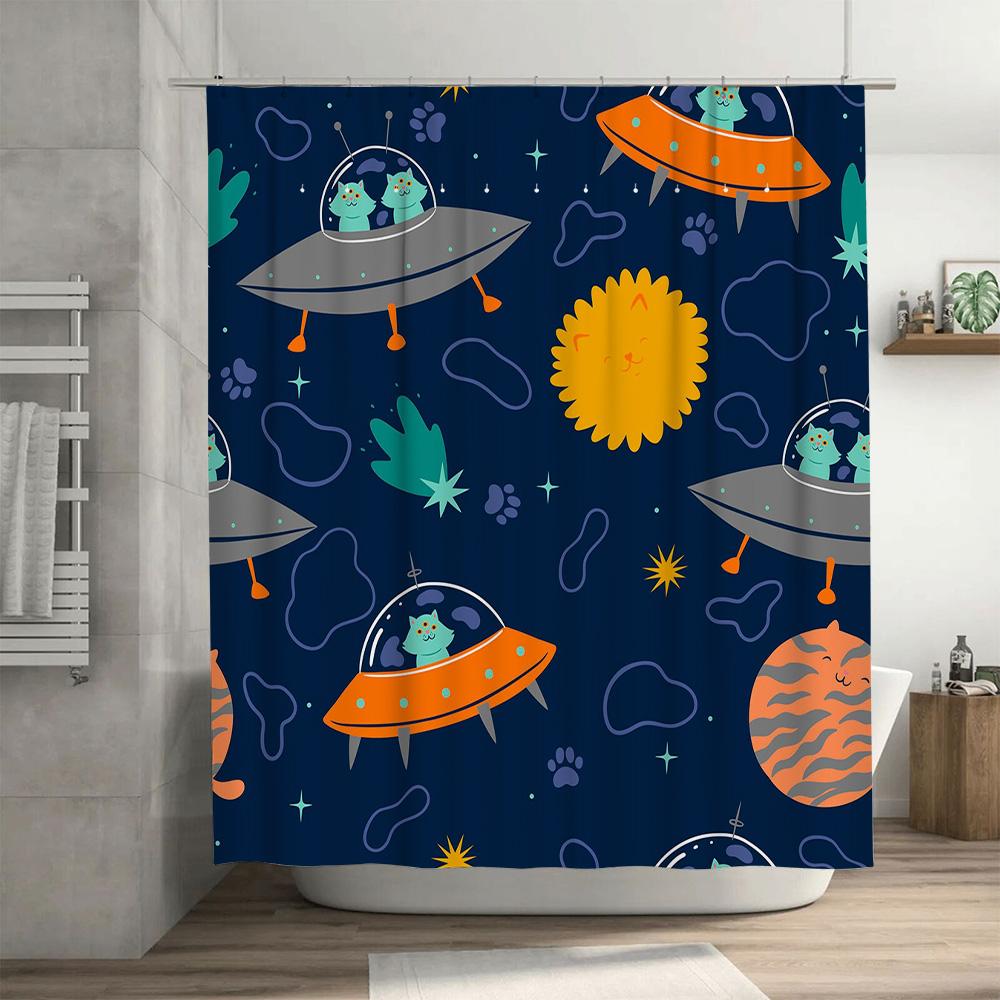 UFO Cat Space Shower Curtain Blue Galaxy Design for Kids Bathroom Decor.