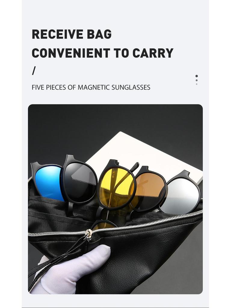 Magnetic Round Frame Polarized Clip-on Sunglasses Set for Men & Women - 5 Interchangeable Lenses