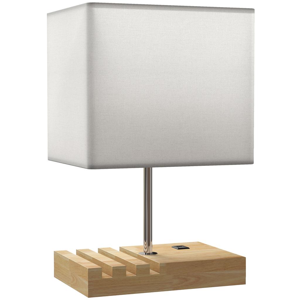 Bedside Lamp with USB A+C Charging Ports and 3 Phone Stands, Modern Table Lamp with Solid Wood Base and Fabric Shade for Bedroom Living Room Office