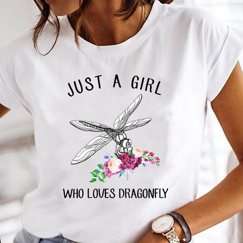 (European Size) Summer Fashion Dragonfly Dandelion Plant Short Sleeve Women Print Tee Top T-shirt  Lady Female Clothing Casual Graphic T-shirt