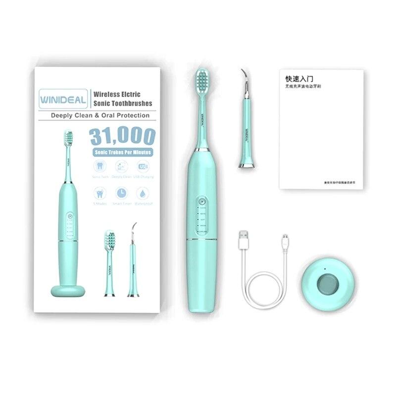 Ultrasonic Electric Toothbrush With Brush Heads, Wireless Charging Base, 5 Modes