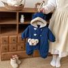 New Winter Baby Denim Hooded Jumpsuit - Fleece-Lined, Super Cute Newborn Romper
