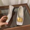 Fashion SUOJIALUN 2025 Autumn New Brand Women Flat Shoes Fashion Gold Buckle Square Toe Shallow Slip On Boat Shoes Flat Heel Single Shoe