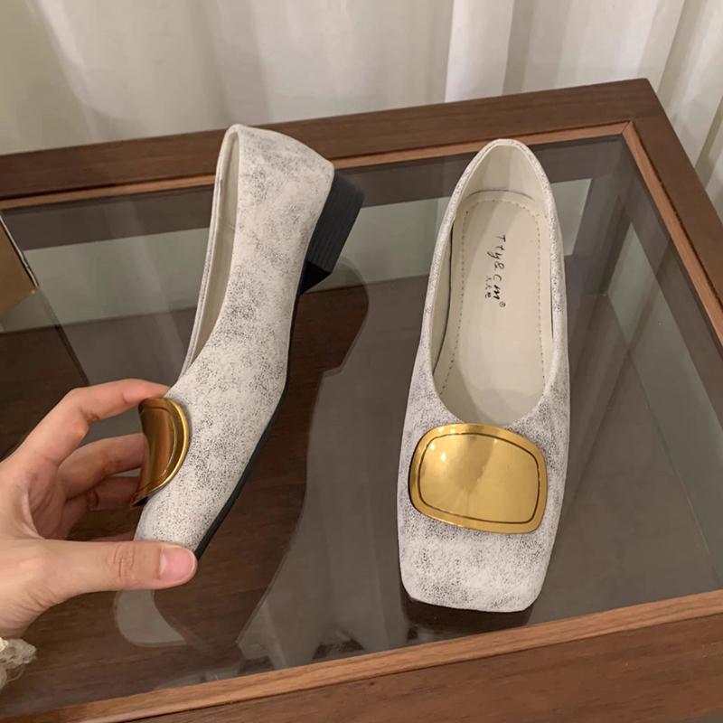 Fashion SUOJIALUN 2025 Autumn New Brand Women Flat Shoes Fashion Gold Buckle Square Toe Shallow Slip On Boat Shoes Flat Heel Single Shoe