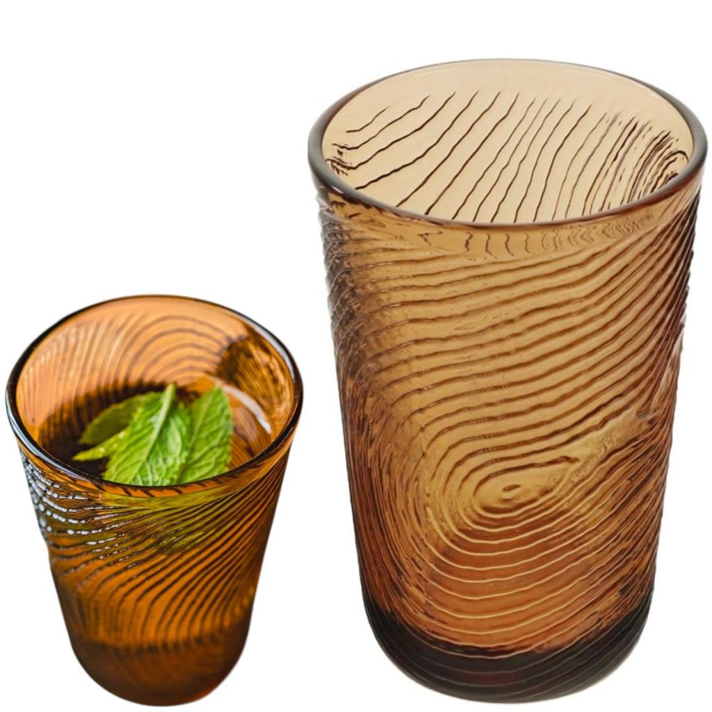 GLASS FOR WATER, GRINKS, JUICE 300ml, WOOD SLICE PATTERN ARBRE BROWN