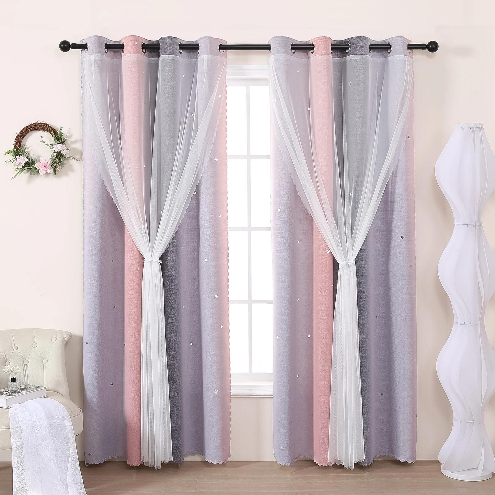 Grijs en Roze Verloop Uitgesneden Sterren Geperforeerde Gordijnen, Meisjes Slaapkamer Woonkamer Semi-Verduisterende Decoratieve Gordijnen 100x130cm 1PC&Grommet Top