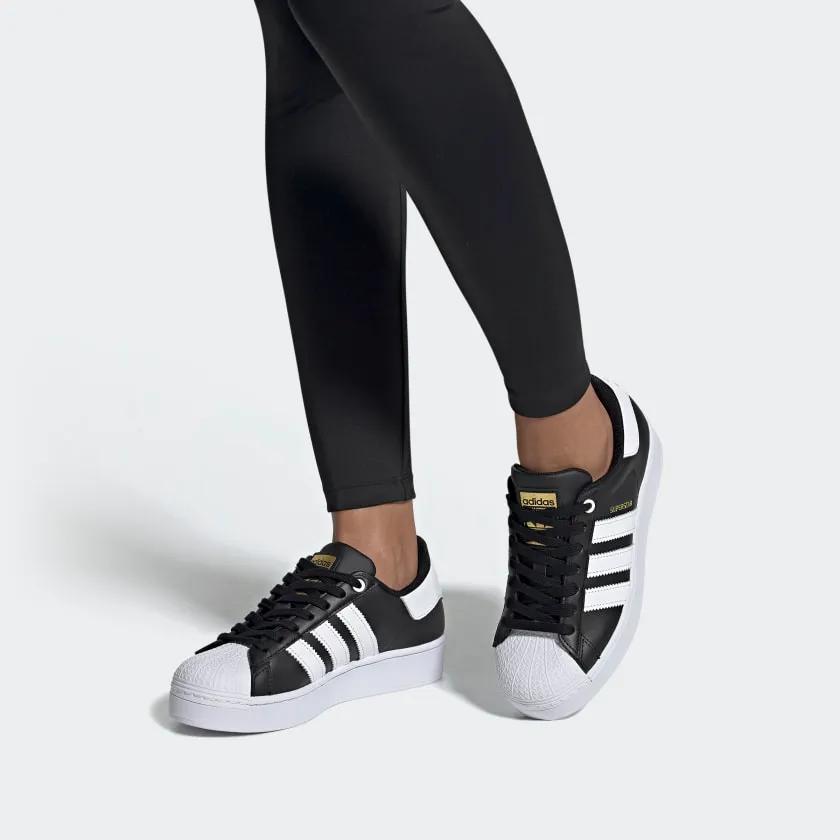 adidas Womens Superstar Bold 'Core Black' (women's sizes) Core Black / Cloud White / Gold Metallic Skate Shoes FV3335