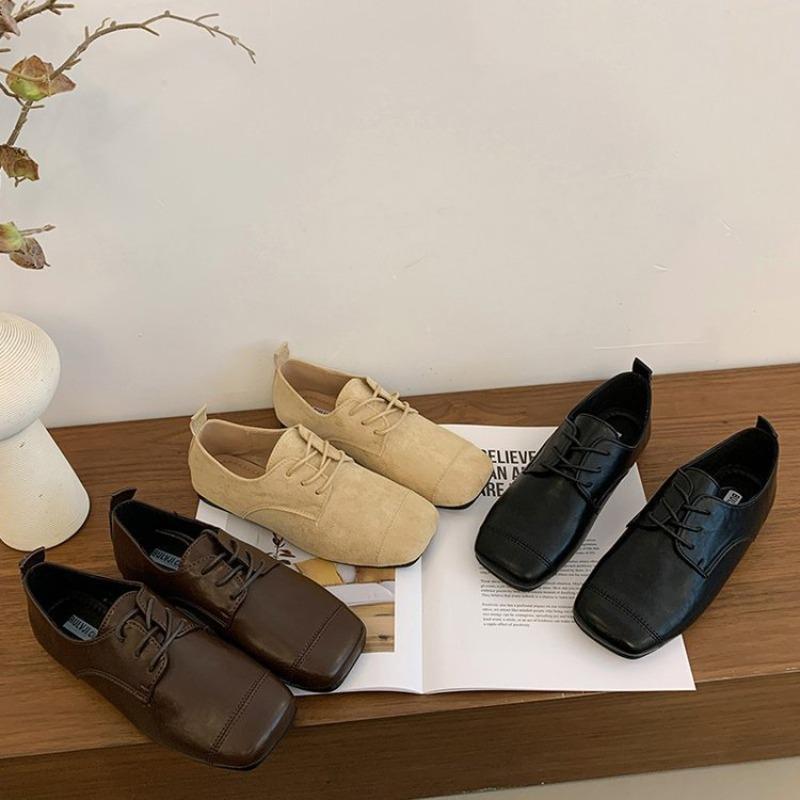 Women's Retro Leather Shoes Black Flat Bottomed Lace Up Loafers 2026 Spring Soft Soled Square Toe Casual Driving Shoes Zapatos