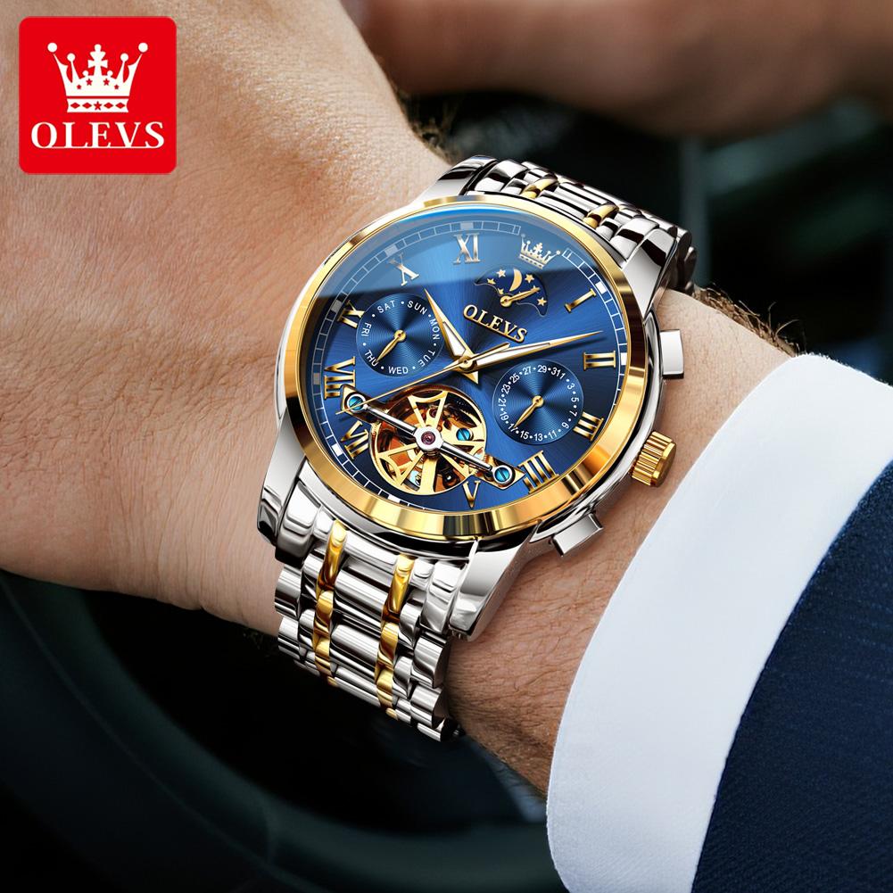 OLEVS Uhren Für Mann Mondphase Luxus Edelstahl Schwungrad Mechanische Handuhr Datum Wasserdicht Leuchtend Herrenuhr 6617