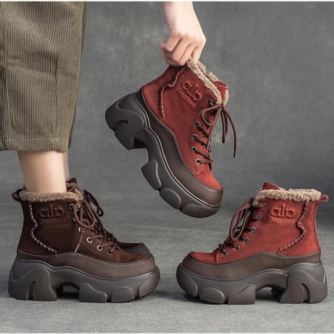 Johnature Plush Warm Genuine Leather Commuting Short Boots Retro Thick Soled Women's Shoes