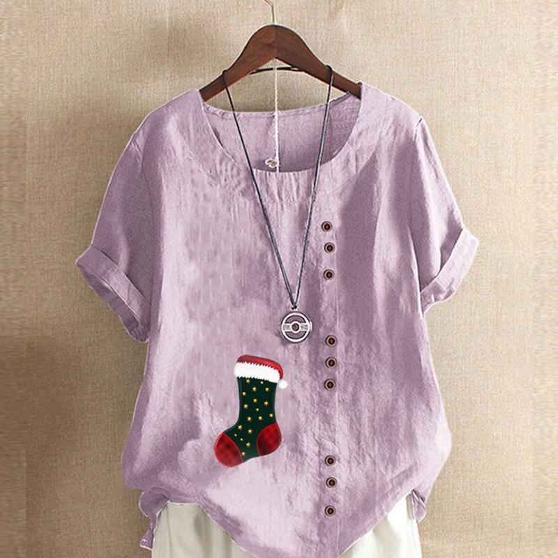 Women's Fashion Round Neck Short Sleeve T-shirt Casual Cotton Linen Graphic Shirt Leisure Loose Christmas Stocking Prined Summer Blouse Tops