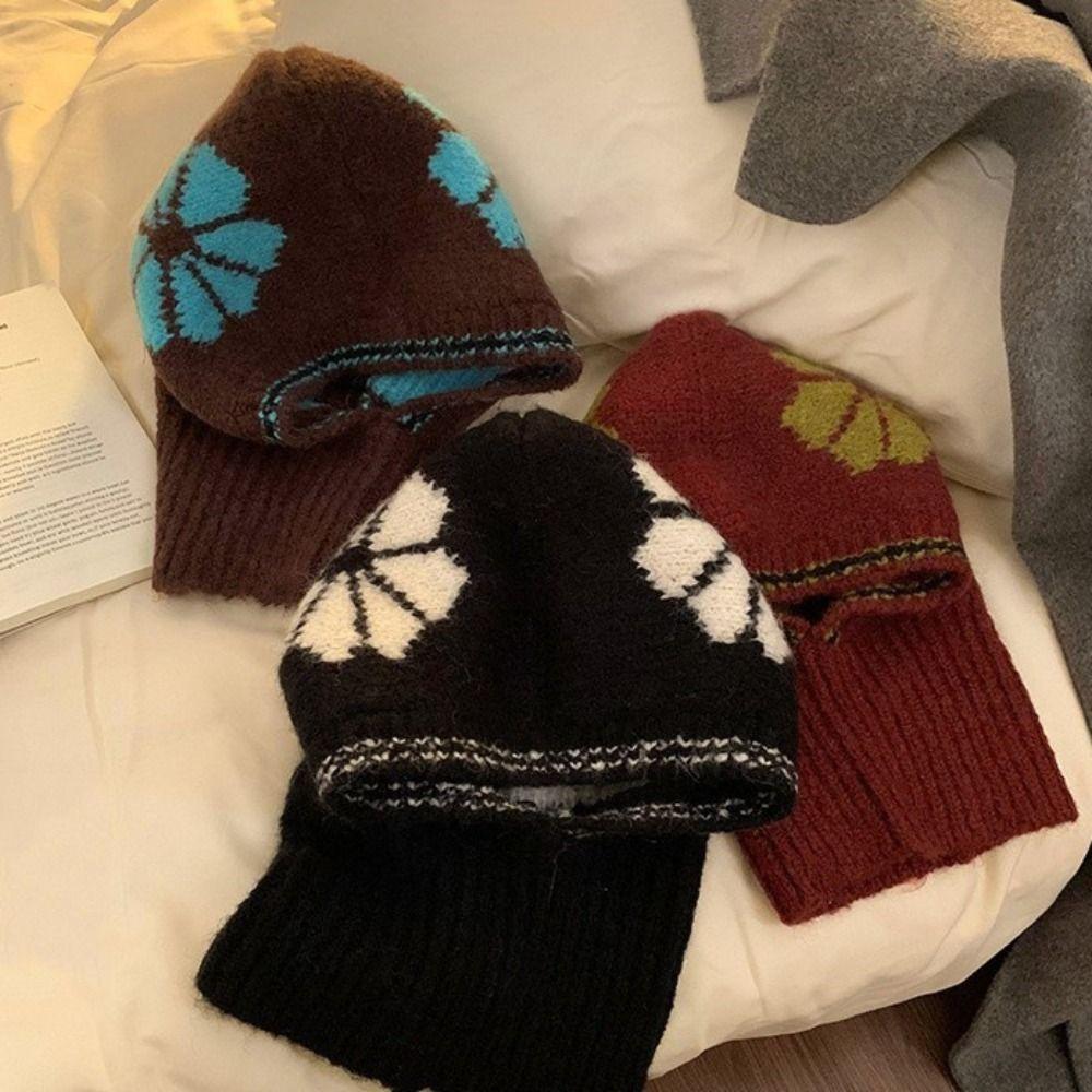 Neck Guard Flower Balaclava Hat Wool Knitted Pullover Hat Casual Ear Protection Hat  Winter/Autumn