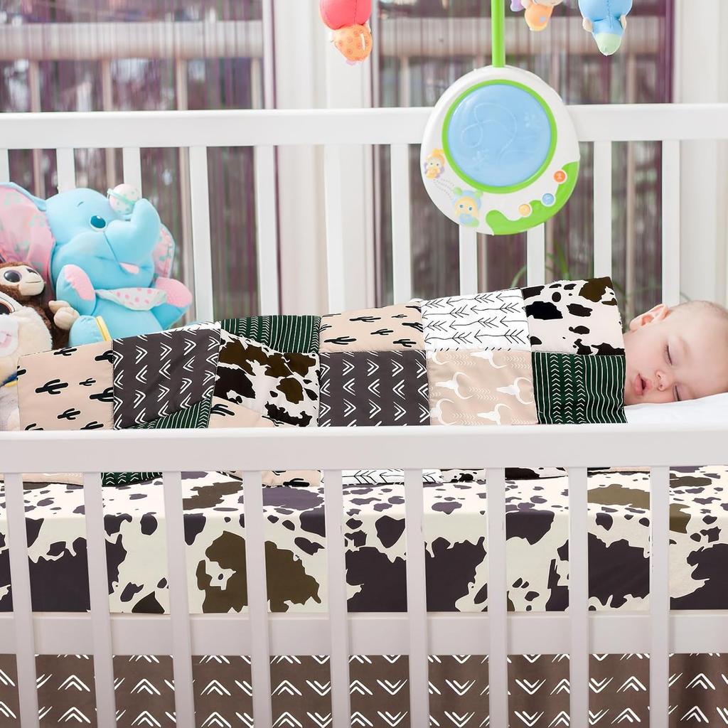 3 Piece Patchwork Crib Bedding Set, Neutral Cow Cactus Print Baby Bedding, Barnyard Western Nursery Decor, Standard Size Soft Baby Bed Set Includes