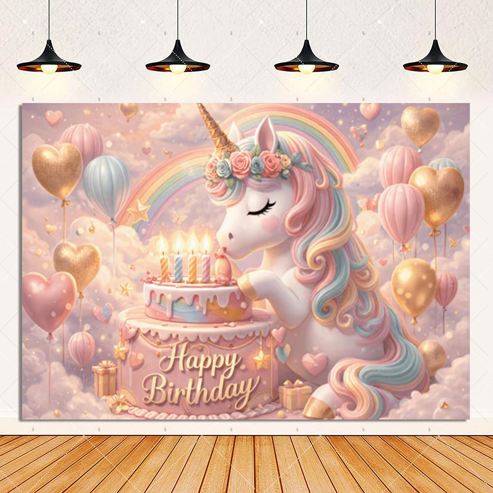 Unicorn birthday party decorations, rainbow castle backdrop, balloons, cake, photo booth props, gift for children2575