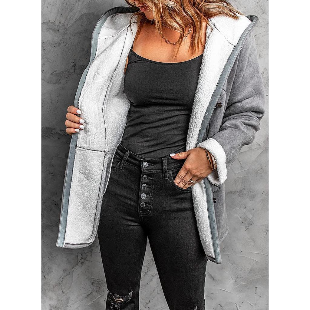 Winter Women's Mid-Length Shearling Coat, Detachable Faux Fur Collar Jacket With Pockets, Simple Pure Color Casual Buttoned Cardigan For Daily Wear