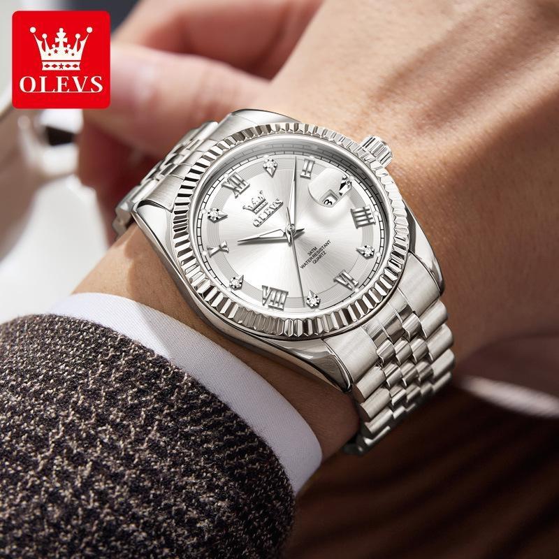 OLEVS Men's Watches Silver Stainless Steel Waterproof Quartz Watch for Man Luminous Date Business Original Male Wristwatch