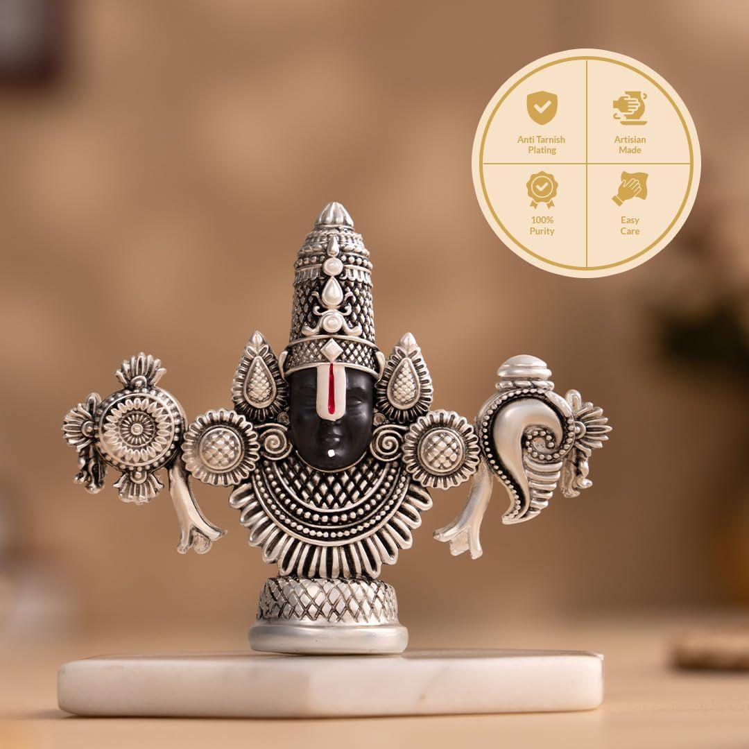 

Lord Balaji Face Idol | Silver-Plated 4-Inch Venkateswara Face Statue | Perfect for Home Temple, Car Dashboard, or Gifting 4-Inch