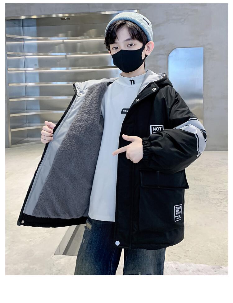 Boys' 2025 Winter Cotton-Padded Fleece-Lined Parka with Rabbit Fur