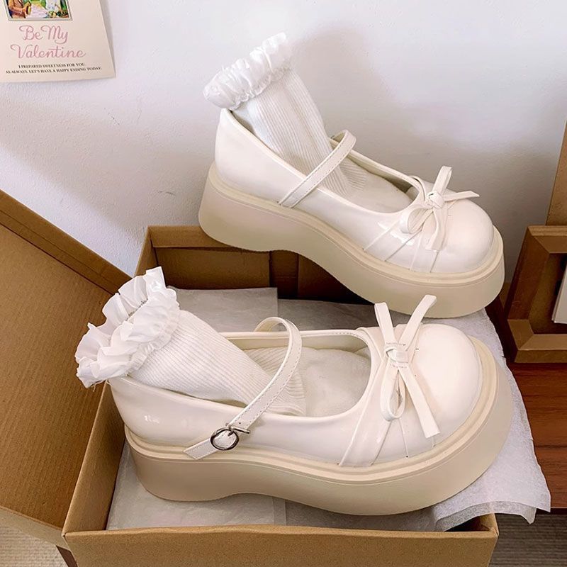 SSBL] Retro bow round head platform small leather shoes women's new skirt Mary Jane shoes