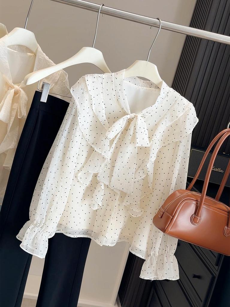 Elegant Spring 2026 Women's Polka Dot Heart Ruffle Shirt: Chic, Age-Defying, Unique Long-Sleeved Design