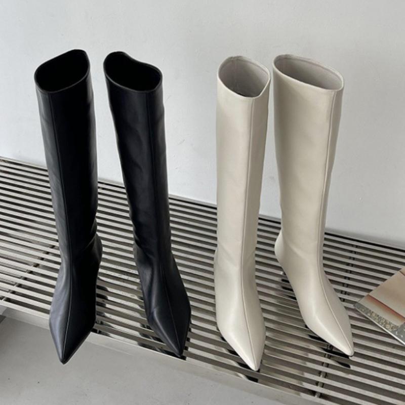 Fashion 2025 Fashion Sexy Pointed Low Heels Knee Long Boots Women's Spring/Autumn PU Sewing Party Ball Western Boots 35-40