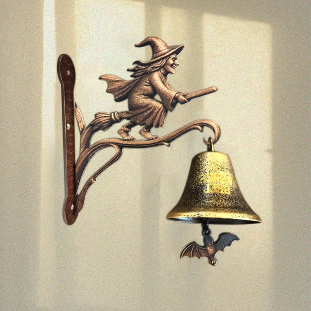 Witch Doorbell Hanging Ornament Iron Craft Broom Riding Witch Resin Vintage Home Decor for Halloween Christmas Party Favors