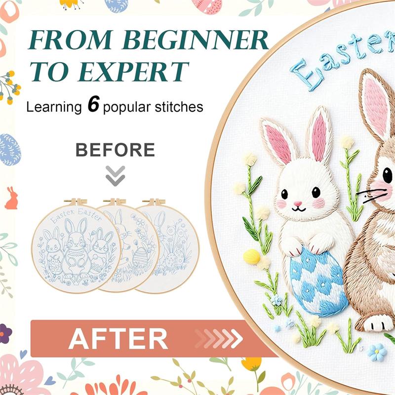 Easter Embroidery Kit for Beginners, DIY Hand Embroidery Set with Bunny Egg Floral Patterns, Including Hoop Thread Needles, Easter Craft Sewing Gift
