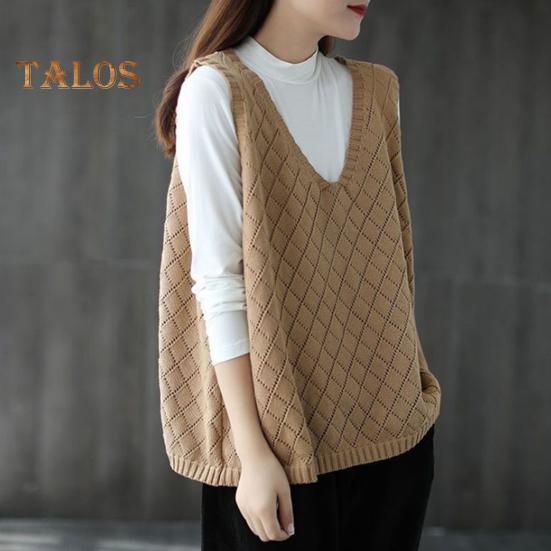 Spring Fall Women Vest Knitted Sweater Retro V Neck Loose Sleeveless Solid Color Pullover Hollow Out Rhombus Texture Daily Wear Top