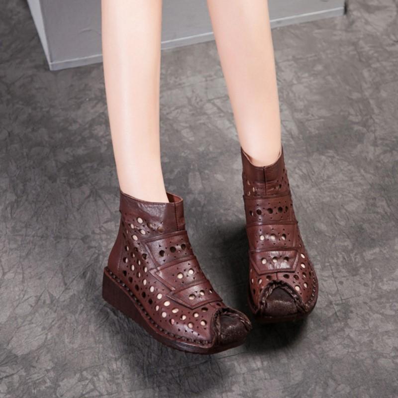 Johnature Genuine Leather Summer Hollow Out Boots Retro Handmade Round Toe Breathable Wedge Sandals Women's Shoes