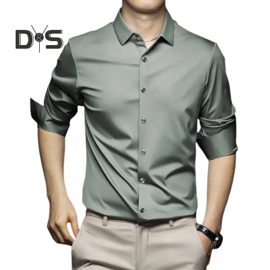

Мужская весенняя рубашка с отложным воротником, однотонный атласный однобортный облегающий кардиган с длинными рукавами, мягкий дышащий средней длины, повседневный деловой мужчина XL армия зеленый