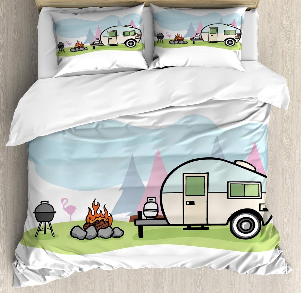 Camper Theme Duvet Cover Set for Teens Adults Kids Queen Size Quilt Cover with 2 Pillowcase Bonfire Evening Bedding Set 3 Pieces