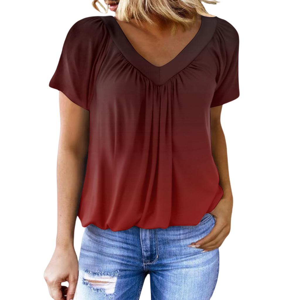 Women's Casual Color V-Neck Pleated Gradient Print Short-Sleeve Top