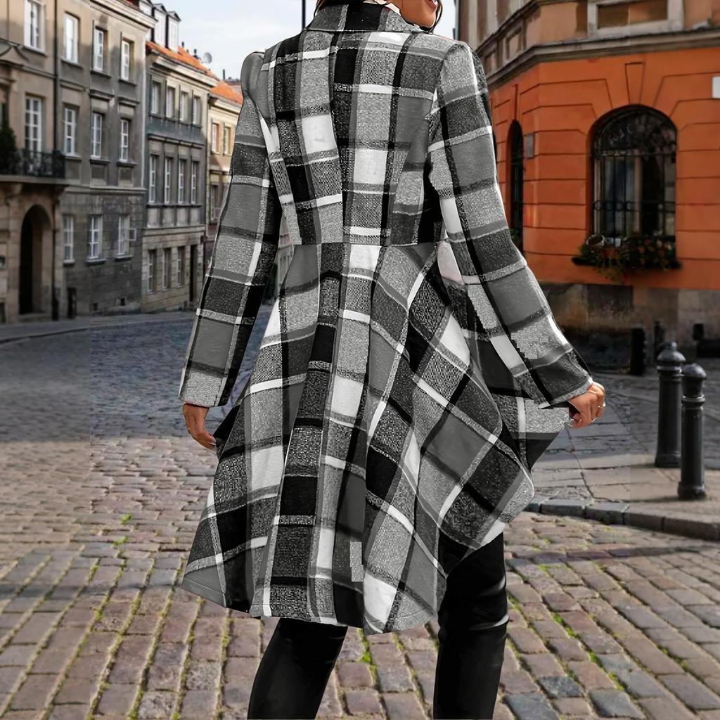 Ladies' Plaid Printed Fashionable Long Sleeved Jacket Cardigan