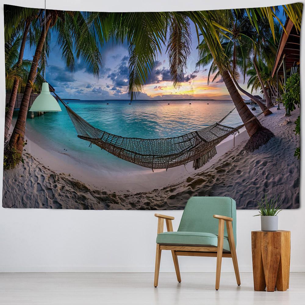 Beautiful Beach Coconut Tree Landscape Tapestry Polyester Fabric tapestry Wall Hanging Bohemian Wave Theme House Decoration